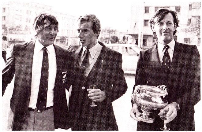 An elated Ian Gibbs (left) with the skipper of second placed Victory (GBR) and British team manager, Robin Aisher (right)after the prizegiving for the 1981 Admirals Cup © NZ Yachting
